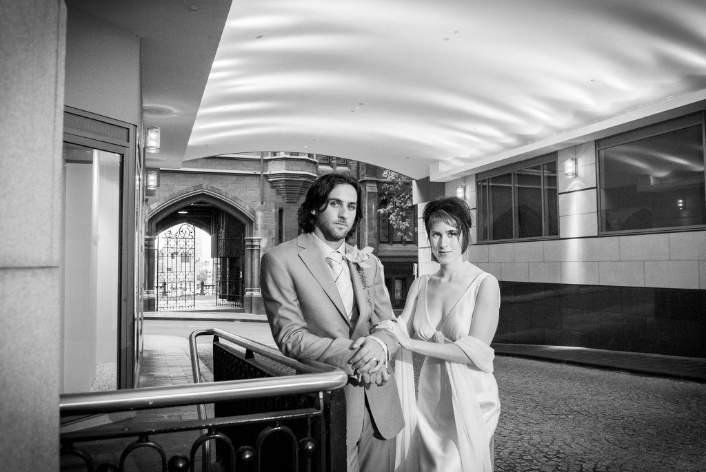 Celebrating architectural perspective of the historic and new with bridal glamour couple at the Westin Hotel in Black and White as iconic wedding photography by Arnold Szmerling, manifesting the enduring soul of the couple for the Visual Life Collection.