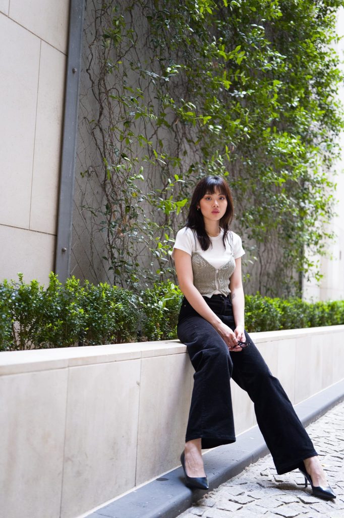 A model sitting at the entrance if the Westin Hotel Melbourne, captured with the Leica Q3 43, a work of passion by Arnold Szmerling for the Visual Life Collection focusing on lifestyle legacy portraiture.