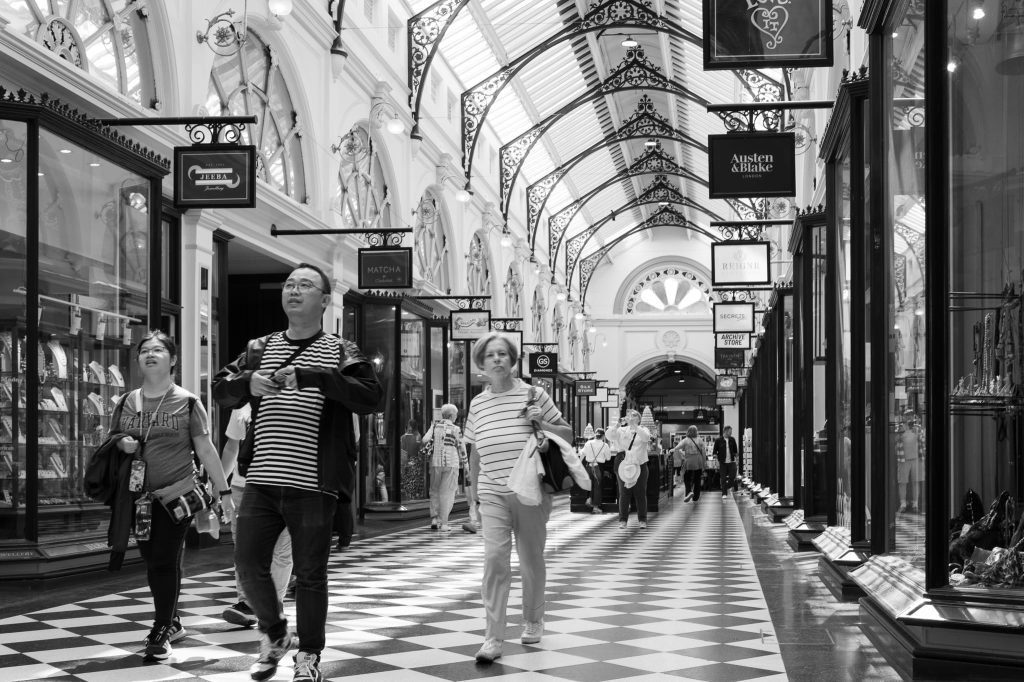 Inside the Block Arcade Melbourne, a work of passion by Arnold Szmerling captured in Black and White during his Leica Q3 street photography experience.