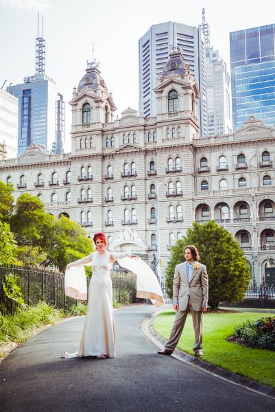 The Windsor Hotel as a background  perspective for an actor couple captured as iconic wedding photography by Arnold Szmerling, manifesting the enduring soul of the couple for the Visual Life Collection.