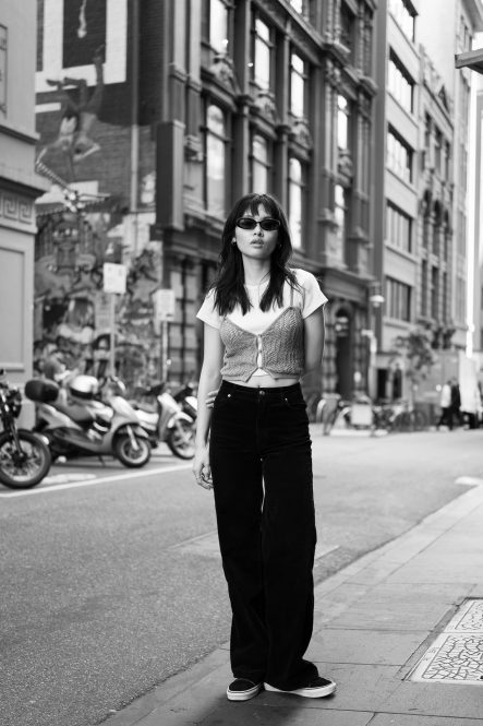 A Black and White urban portrait in Flinders Lane Melbourne, captured with the Leica Q3 43, a work of passion by Arnold Szmerling for the Visual Life Collection focusing on lifestyle legacy portraiture.